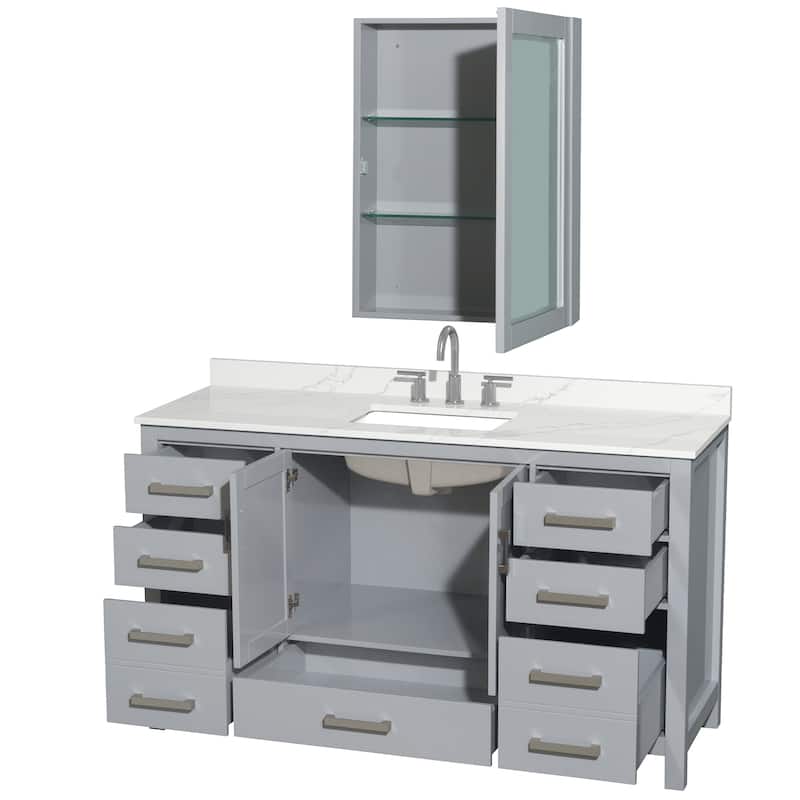 Sheffield 60-inch Single Vanity, 3 Hole Quartz Top, Med Cabinet
