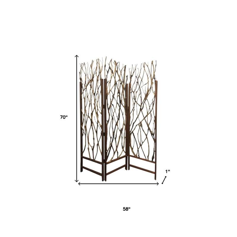 HomeRoots 70" Brown Wood Branches Folding Three Panel Screen Room Divider - 58' X '70' X '1