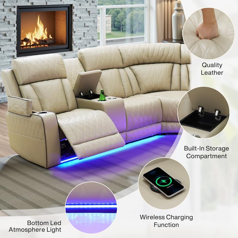 Beige 3-Piece Breathing Leather Living Room Recliner Sofa set