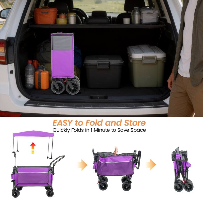 Multi-Functional Push-Pull Folding Wagon Cart with Rotating Handle & Canopy,7"x4"All-Terrain Wheels & Brakes,300L Large Capacity