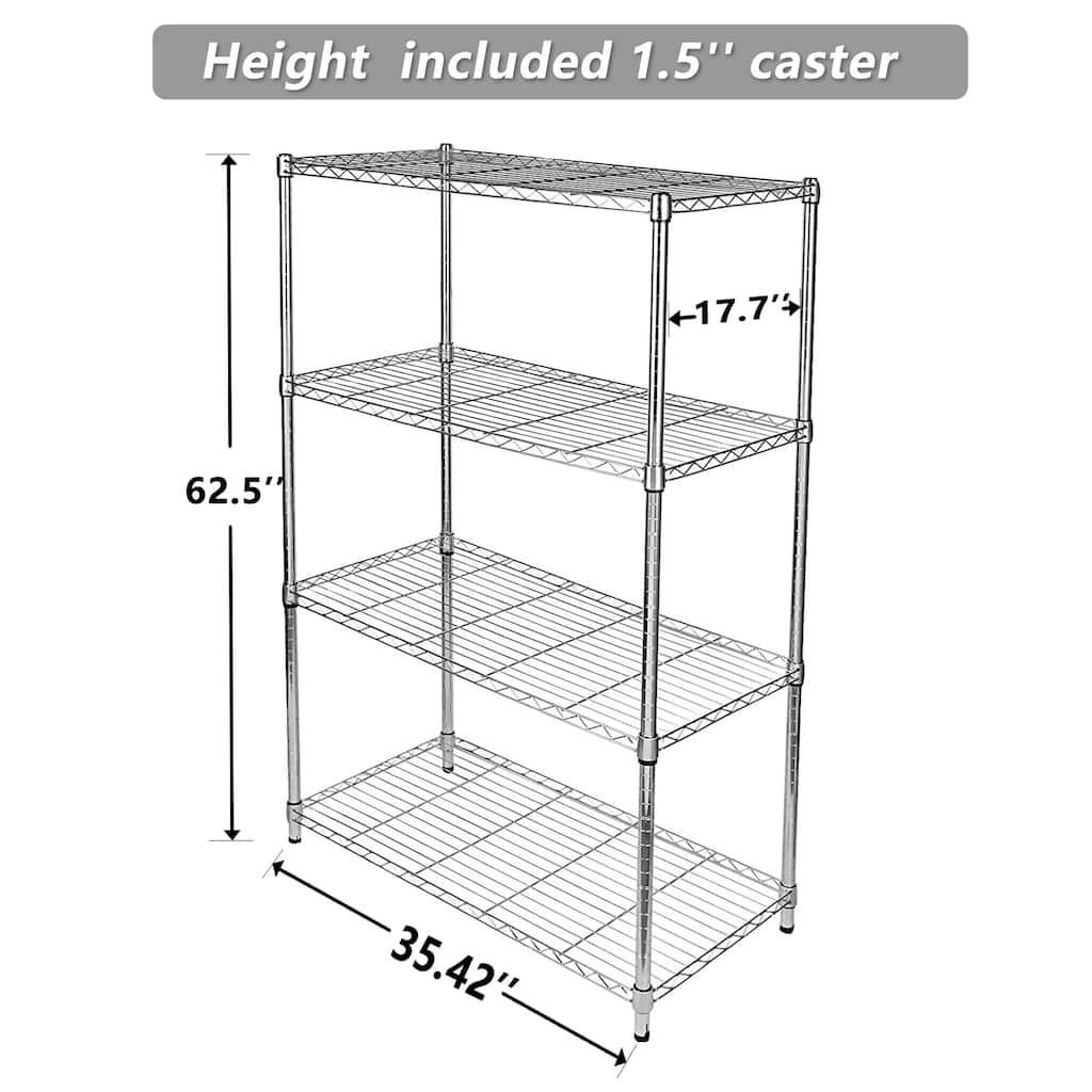 4-Shelf Iron Pantry Organizer with Wheels in Silver, Adjustable Heavy-Duty Storage Shelves