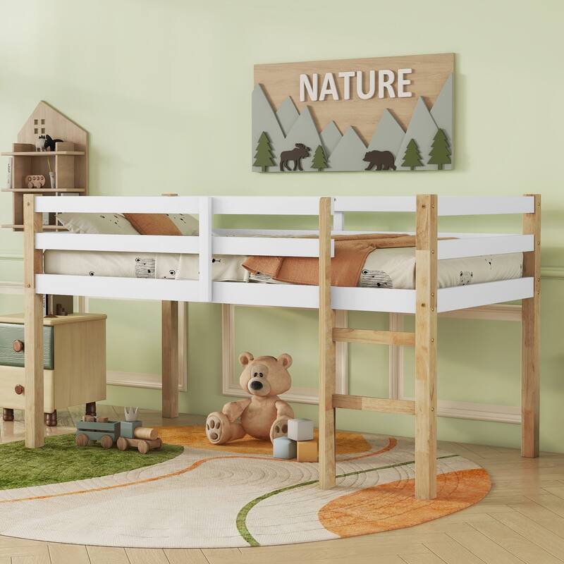 Solid Wooden, Rubber Wooden Twin Loft Bed with Ladder, Bed Platform of Strengthened Slats,Natural-white