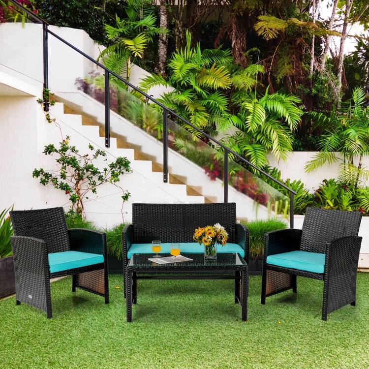 4Pcs Patio Rattan Cushioned Furniture Set - 43.5" x 25" x 31" (L x W x H)