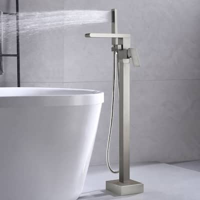 Waterfall brushed nickel Freestanding pressure Balance Single Handle Bathtub Faucet with Handheld Sprayer - 9'6" x 13'6"
