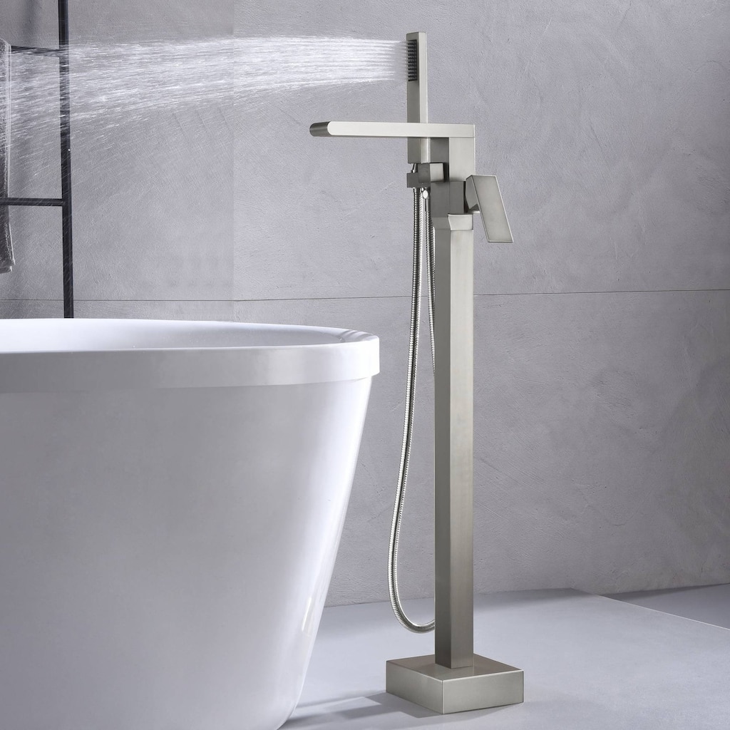Waterfall brushed nickel Freestanding pressure Balance Single Handle Bathtub Faucet with Handheld Sprayer - 9'6" x 13'6"