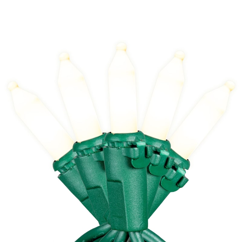 50 Light Traditional LED Christmas Mini Light Set, Patio Lights, Ceramic Bulbs, Green Wire, 25’ - White