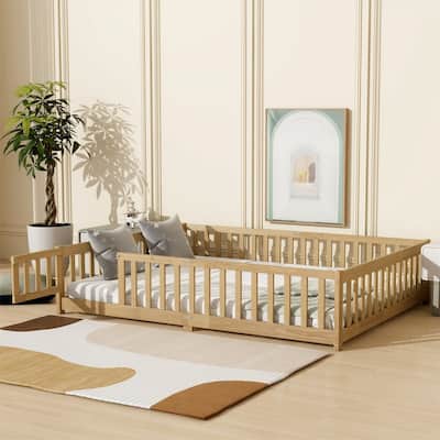 Twin/Full/Queen Size Floor Bed with Fence Guardrails and Door, Rubber Wood Toddler Bed Montessori Bed with Slats Support