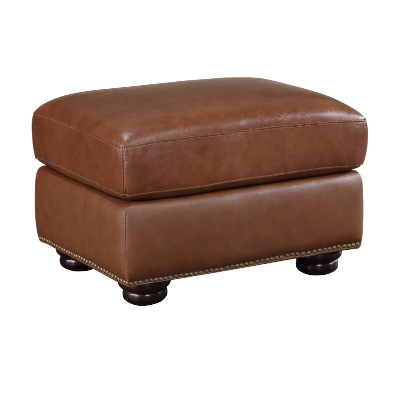 Boro 28 Inch Ottoman, Rich Brown Top Grain and Faux Leather, Solid Wood