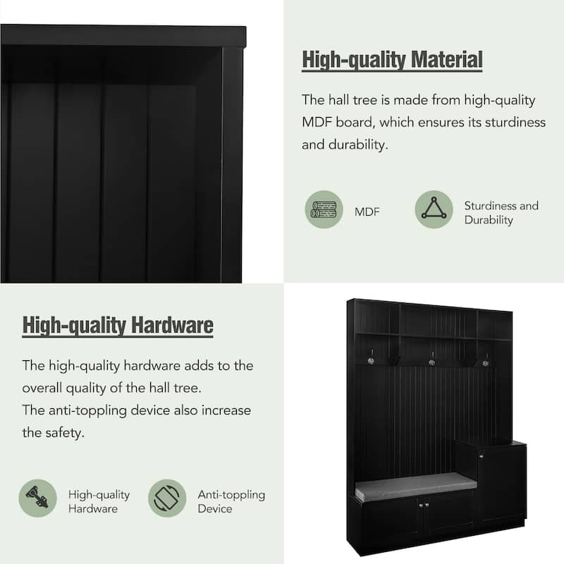 Roomfitters Elegant Hall Tree with Storage Bench and Cushioned, Mudroom Shoe Cabinet with Hooks for Living Room