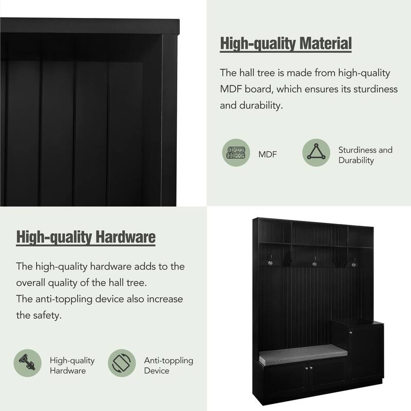 Upholstered Bench Shoe Bench with Storage Cabinets and Hooks, Coat Rack Entryway Bench with Storage Compartments