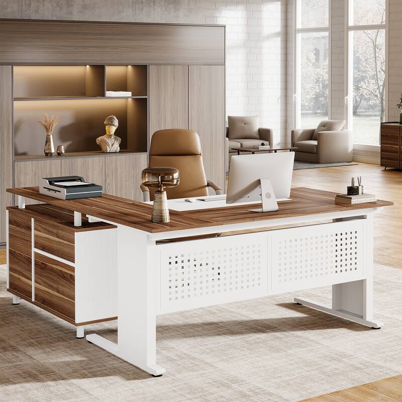 63-Inch L-Shaped Executive Desk with Storage Shelves - Walnut and White