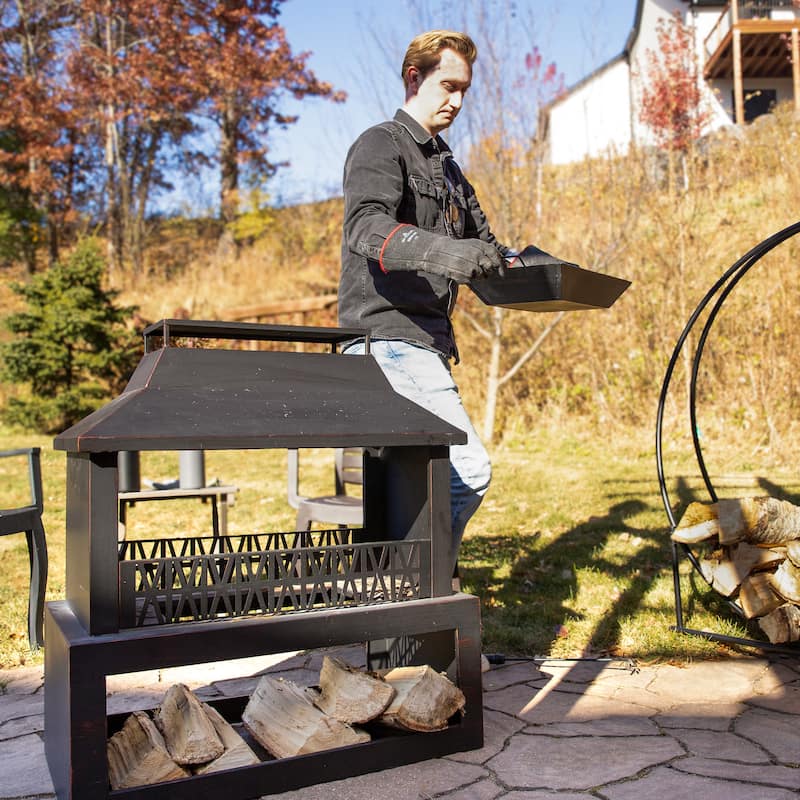 Bronze Steel Outdoor Fireplace with Log Storage - 35" H