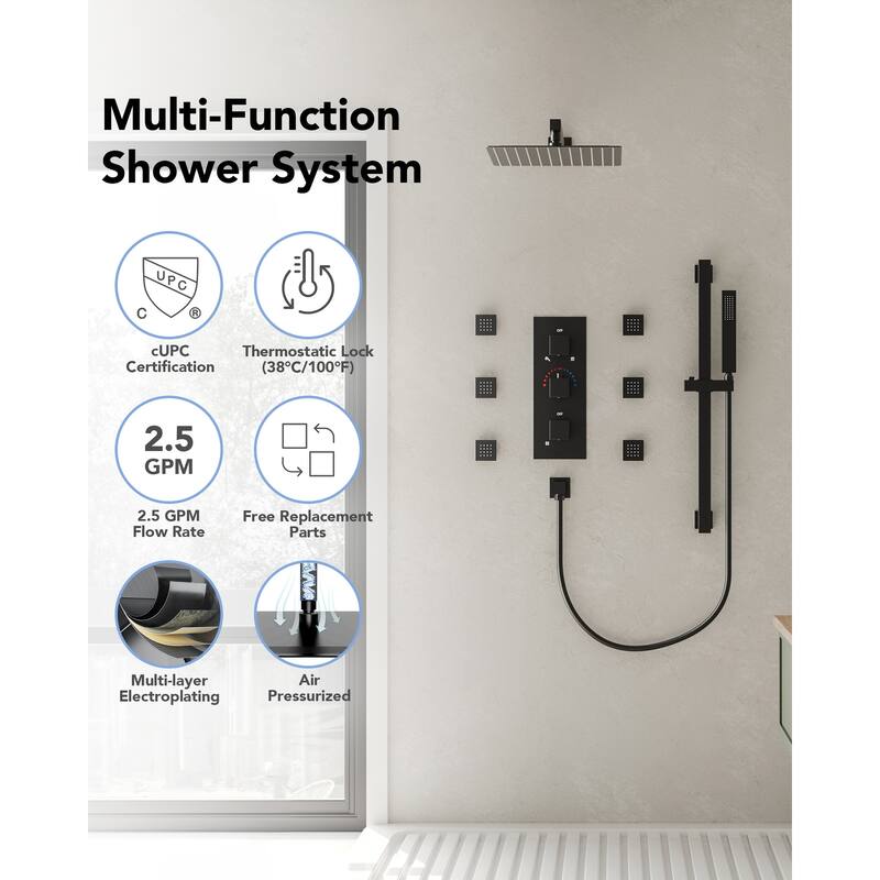 Thermostatic Shower System 12" High-Pressure Rainfall Shower Head with Slide Bar Hand Shower