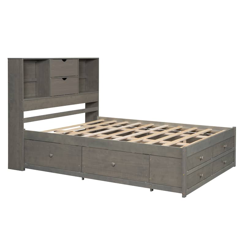Modern Wooden Platform Bed with Storage Headboard & 8 Drawers