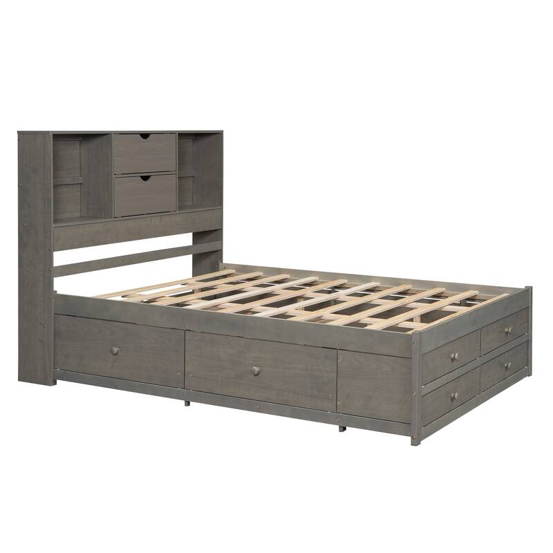 Queen Platform Storage Bed with Headboard & 8 Drawers
