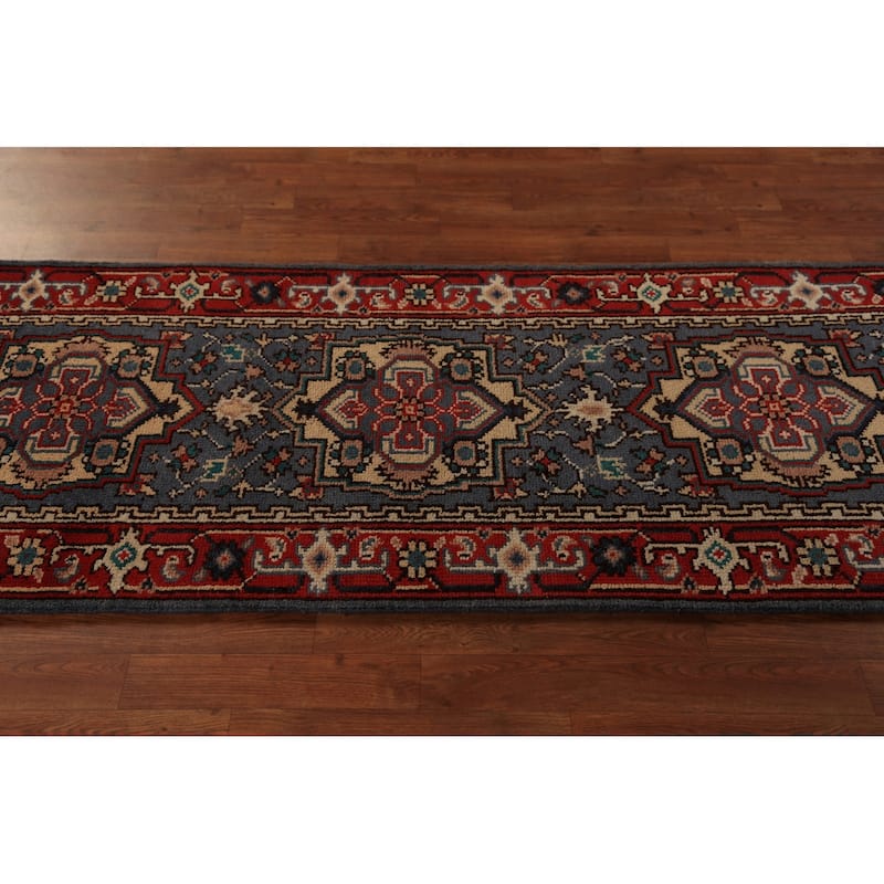 Blue Geometric Heriz Serapi Runner Rug Hand-Knotted Wool Carpet - 2'7"x 7'10"