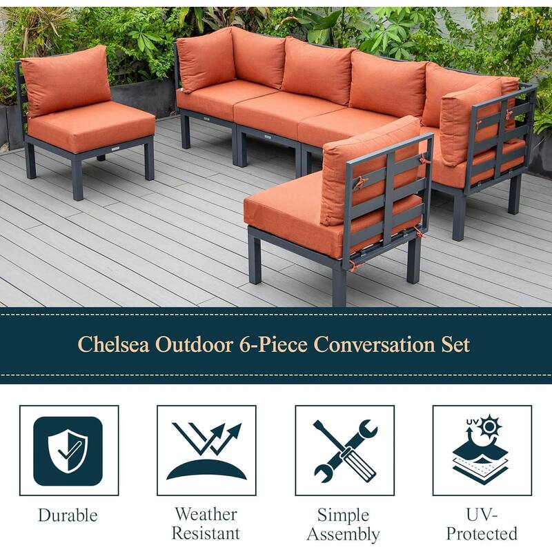 Chelsea 6-Piece Outdoor Patio Sectional Set in Black Aluminum with Removable Cushions for Backyard Garden and Patio Deck