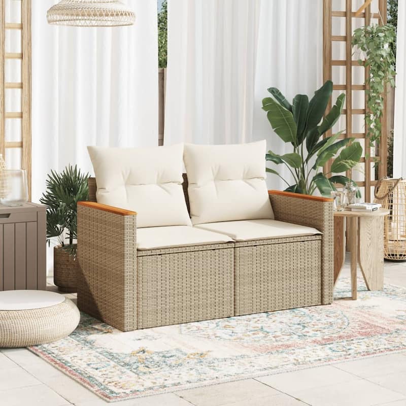 vidaXL Patio Sofa with Cushions Outdoor Seat Modular Sofa 2-Seater Poly Rattan - 24.4 x 48.8 x 27.2 in