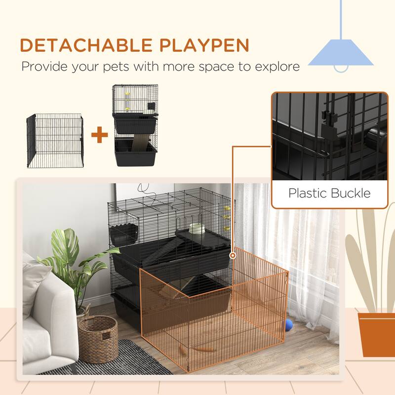 PawHut Small Animal Cage with Playpen, Multi-level Pet Habitat Indoor for Guinea Pigs Hedgehogs Bunnies with Accessories
