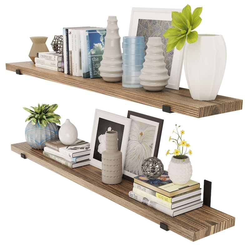 Wallniture Forte 60 Inch Long Bookshelf, Floating Shelf for Wall Decor, 9.25" & 11.25" Depth Options, Farmhouse, Burnt, 2 Pcs