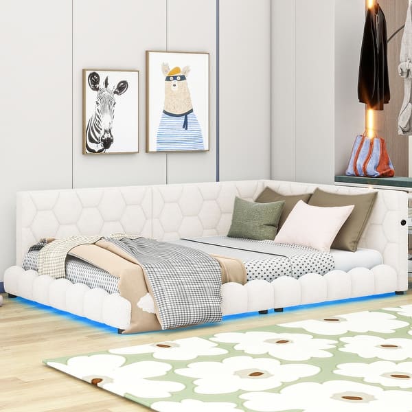 slide 2 of 18, Full Size Teddy All-in-One Daybed w/ USB Ports Platform Upholstered Bed & LED Panel Bed Frame, Space-Saving, Easy Assembly White