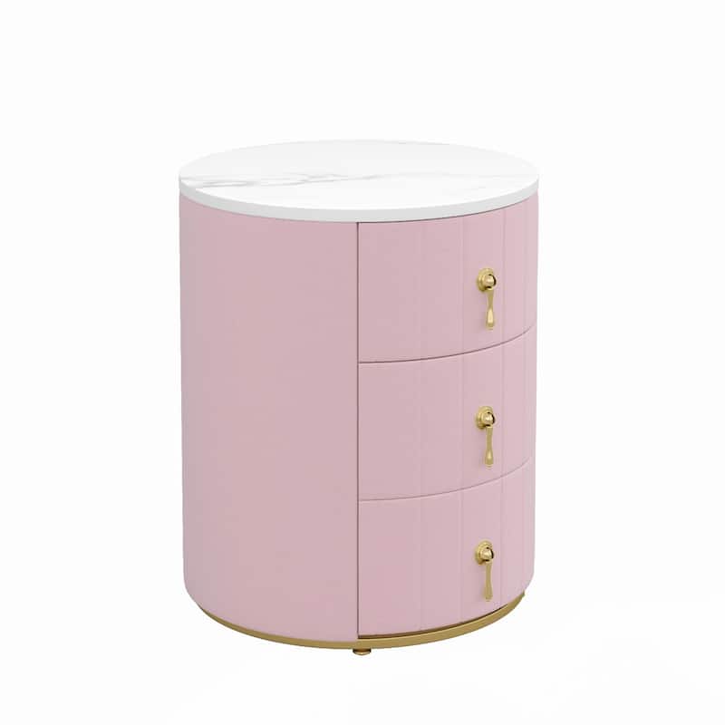Upholstered Nightstand with 3 Drawers, Round Bedside Table, Pink