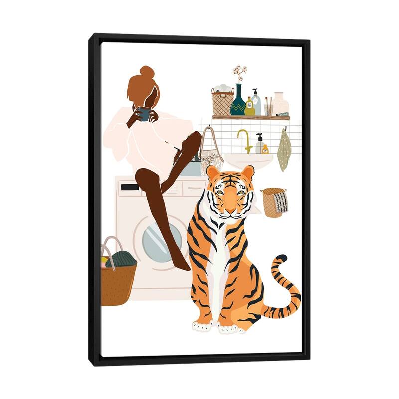 iCanvas "Tiger In Laundry Room" by Jania Sharipzhanova Framed Canvas Print - Black - 40x26