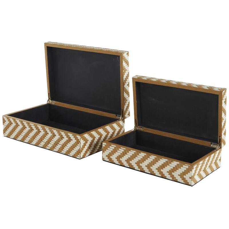 Paper Geometric Handmade Woven Zig Zag Storage Decorative Box with Cream Accents - Set of 2 Brown - Roche River Decor