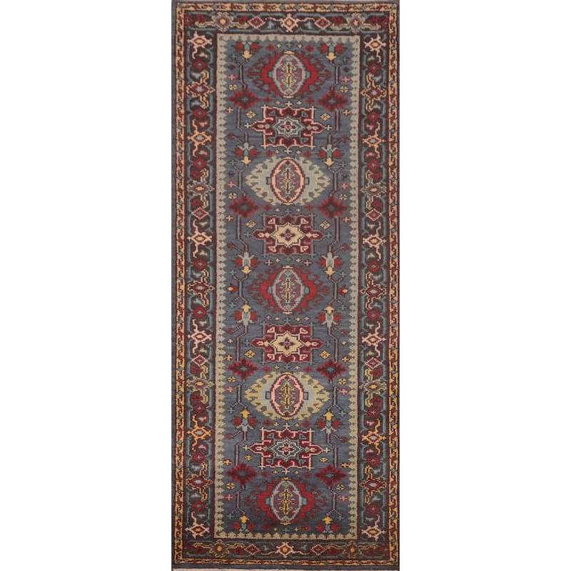 Geometric Kazak Runner Rug Handmade Blue Traditional Wool Carpet - 2'8"x 8'0"