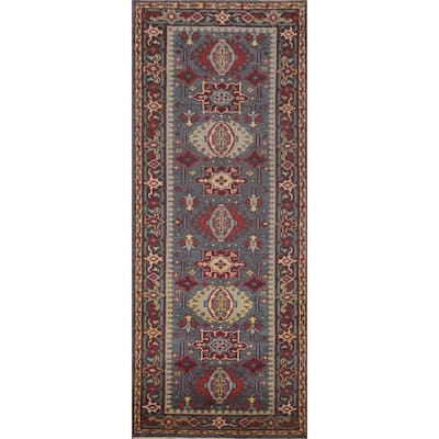Geometric Kazak Runner Rug Handmade Blue Traditional Wool Carpet - 2'8"x 8'0"