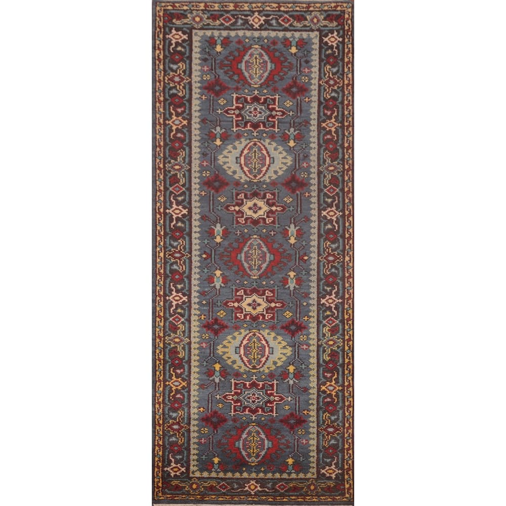 Geometric Kazak Runner Rug Handmade Blue Traditional Wool Carpet - 2'8"x 8'0"