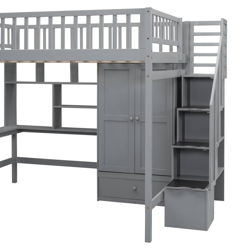 Full Size Loft Bed with Built-in Bookshelf, Drawers, Desk and Wardrobe in Gray