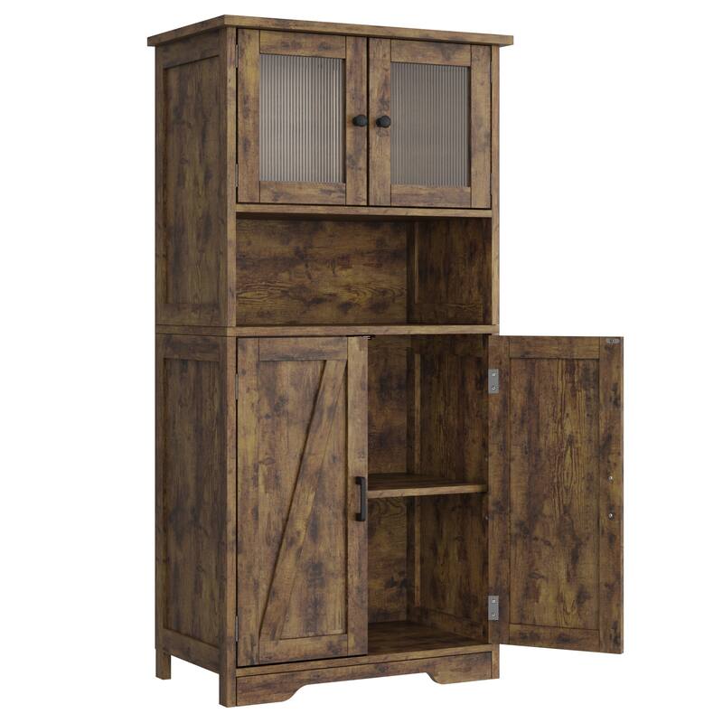 Kitchen Pantry Storage Cabinet with Glass Doors & Adjustable Shelves - Brown