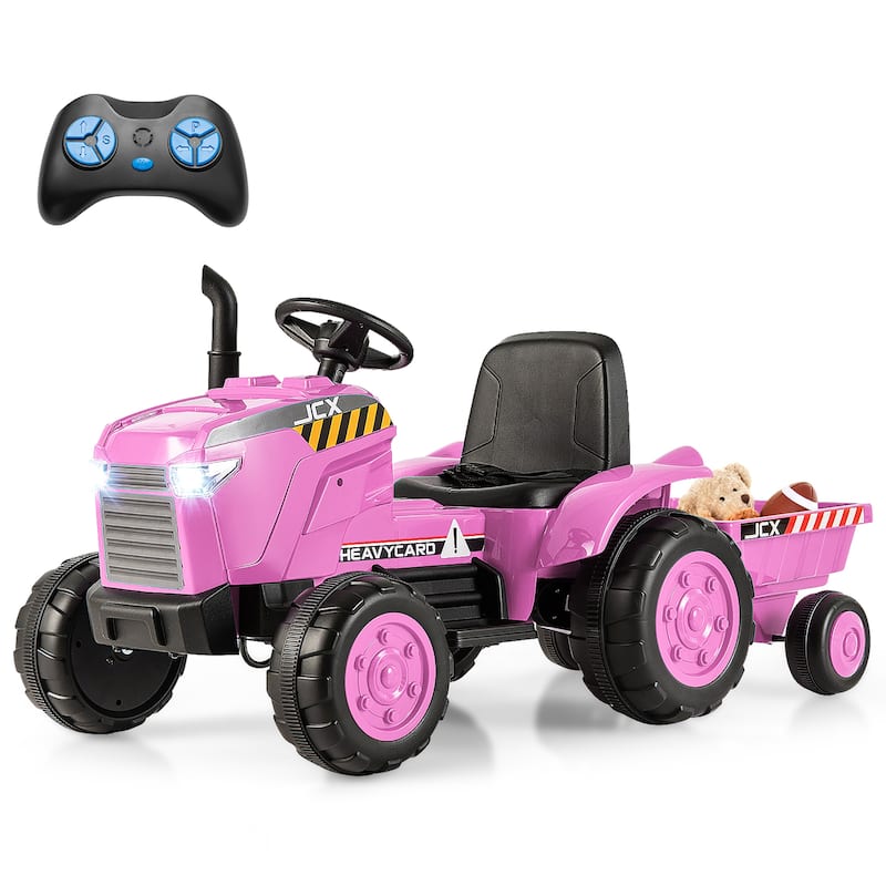 Gymax 2-in-1 Electric Toy Car 12V Kids Ride On Tractor w/ Trailer - Pink