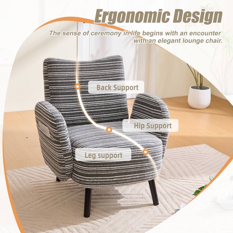 Modern style armchair with sanded fabric, Side storage pocket, Solid wood legs, Comfortable reading chair for living room