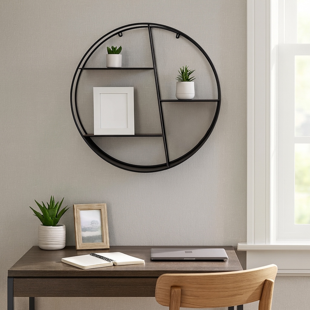 Circle Frame Shelfスペースエイジ モダン Metal Round Frame and Tiered Open Wall Shelf - Black, 32
