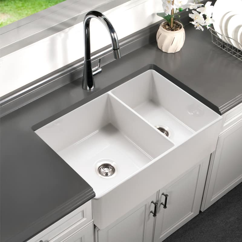 Houzer PTD-6040 Platus 33" Farmhouse Double Basin Fireclay Kitchen