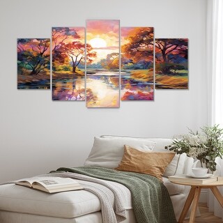 Designart - Purple Autumn Sunset Over Wide River - Lake Canvas Set Of 5 ...