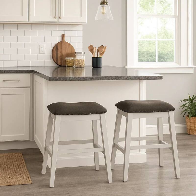 Rune 25 Inch Counter Height Wood Stool, Set of 2, Off White, Gray Seating
