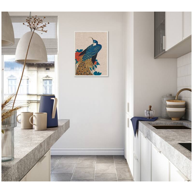 Kate and Laurel Sylvie Peacock and Peonies 1840 Utagawa Hiroshige Neutral Linen Framed Canvas by The Art Institute of Chicago