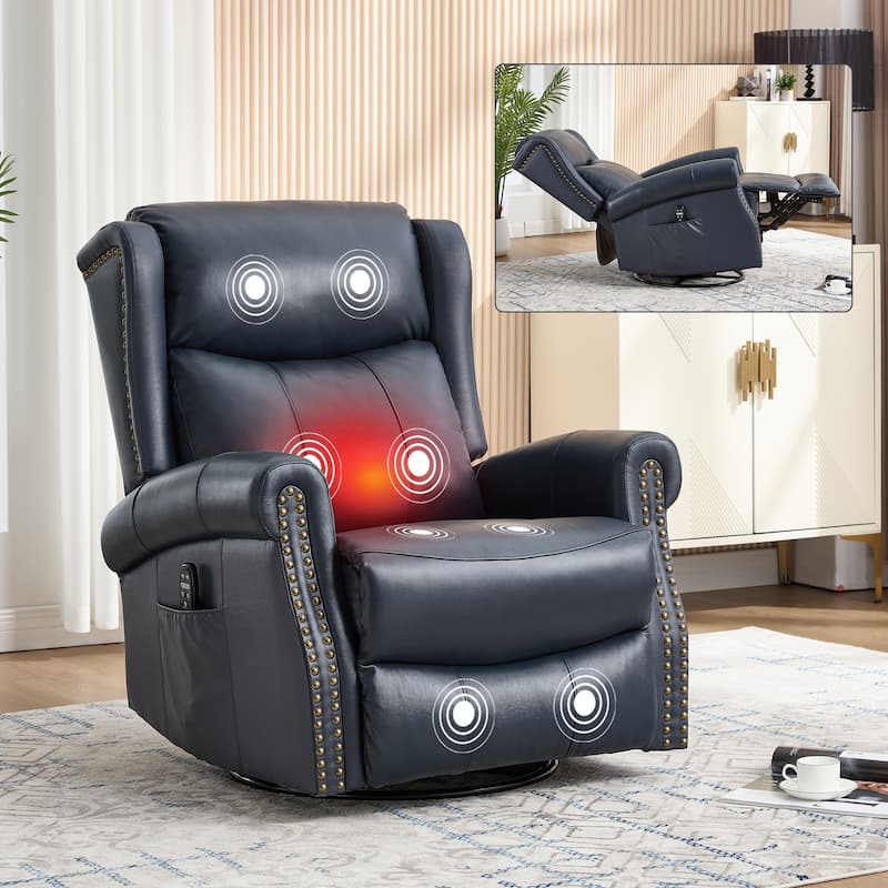 360° Swivel Rocking Recliner with Heat & Massage, Genuine Leather - Blue