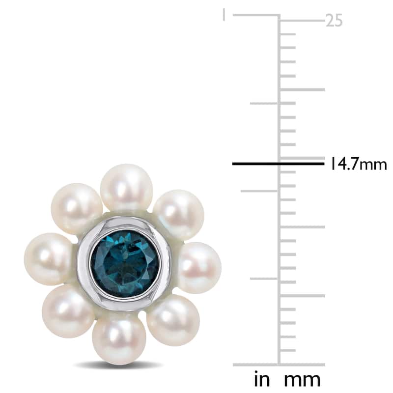 Miadora 3.5-4mm Cultured Freshwater Pearl and 1 1/8ct TGW London Blue Topaz Floral Stud Earrings in 10k White Gold
