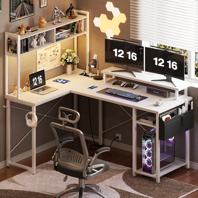 Farmhouse L-shaped Corner Desk with Charging Station, Gaming Table with Hutch and LED Light - White