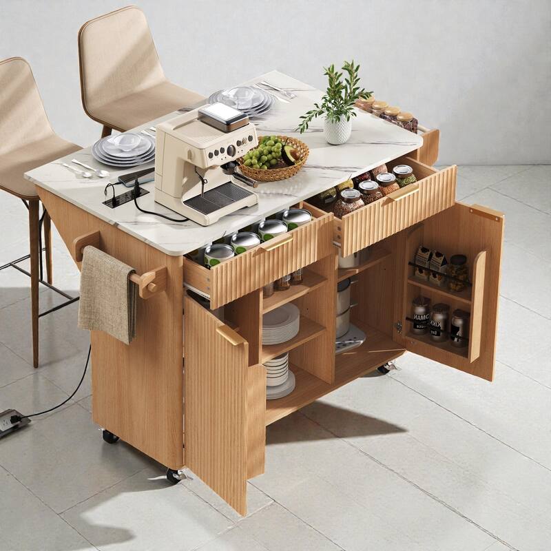 52" Fluted Kitchen Island with Drop Leaf, Power Outlet, Rolling Storage Cart with Adjustable Shelves, Drawers & Walnut Top