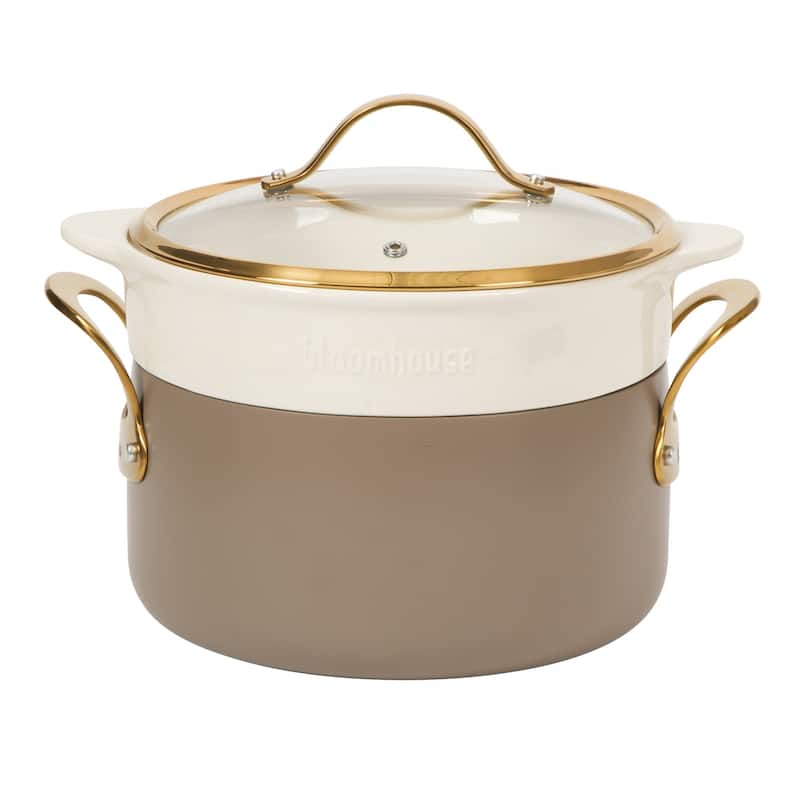 Bloomhouse Pots and Pans Heavy Duty Aluminum Premium PFA Free Ceramic Nonstick - Cappucino Cream with Gold Handle