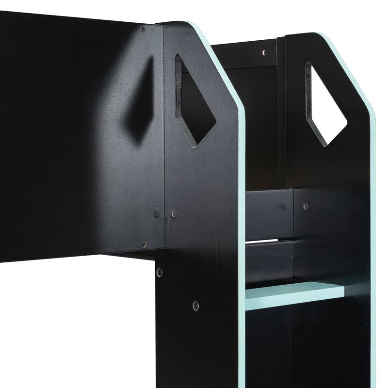 Full Size Gaming Loft Bed with RGB Lights, Wooden High Loft Bed Frame with Adjustable Desk, Hanging Rod and Storage