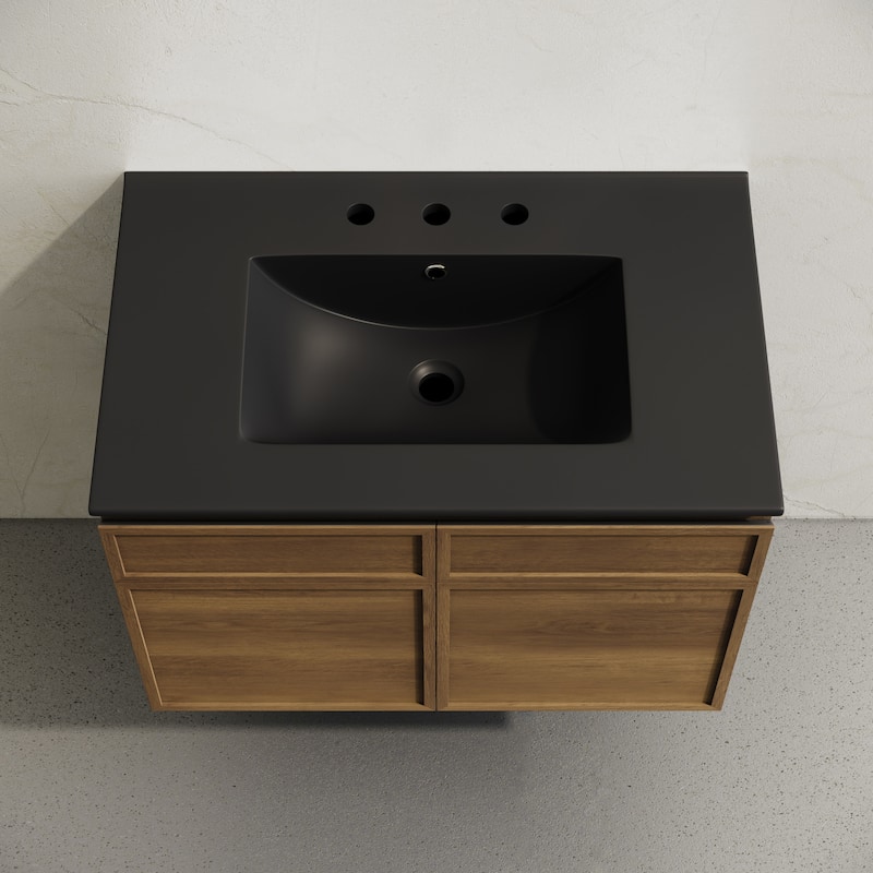 St. Tropez 30" Wall-Mounted Bathroom Vanity In Brown Oak With Black 3-Hole Widespread Sink Top - 30