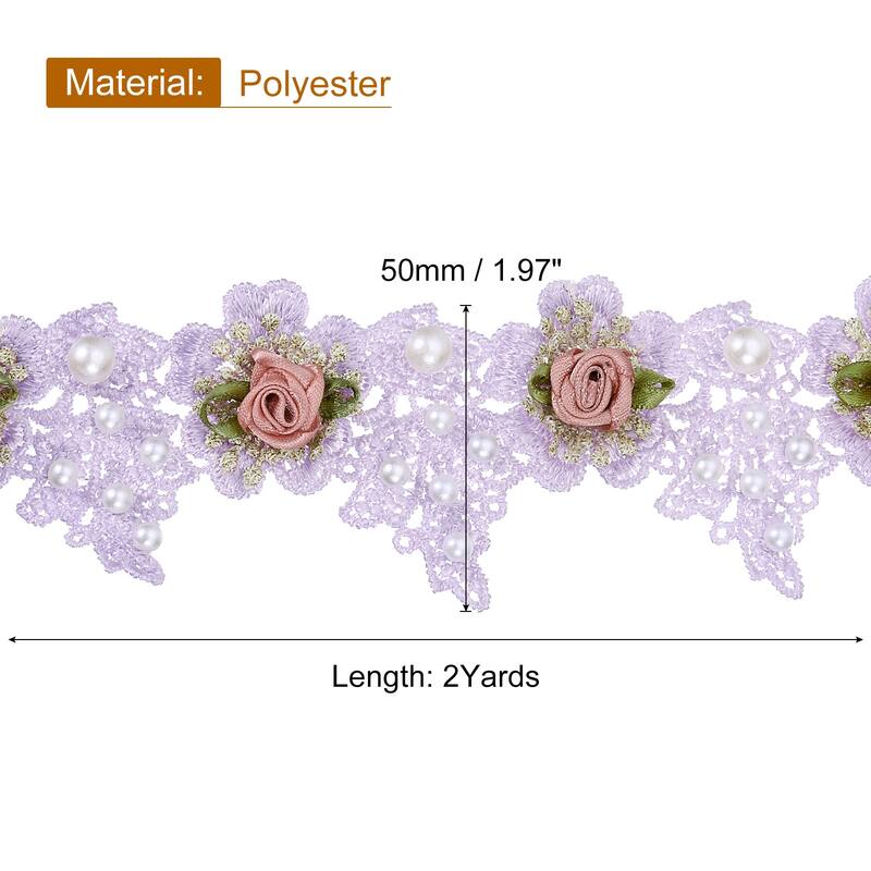 Rose Flower Embroidered Lace Trim Ribbon, 2 Yards Lace Trim, 2" Width - Purple