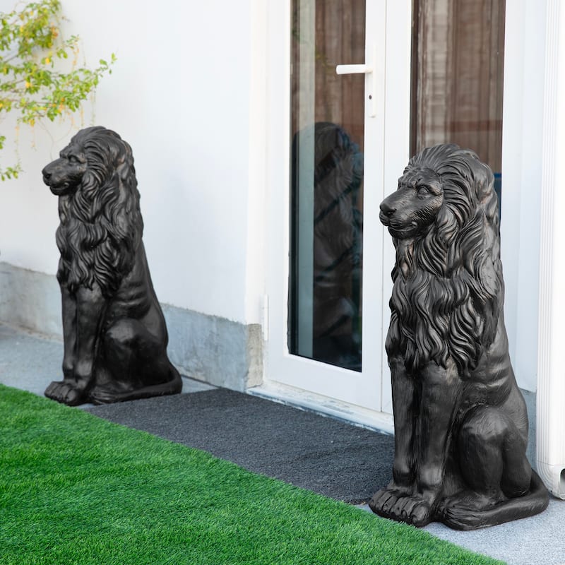 Glitzhome Set of 2 MGO Majestic Sitting Guardian Lion Statues Porch Sculpture Outdoor Indoor