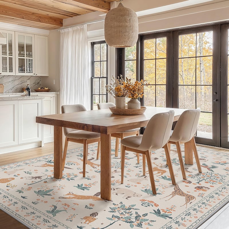 Mcow Woodland Friends Animal Print Low-Pile Machine-Washable Area Rug